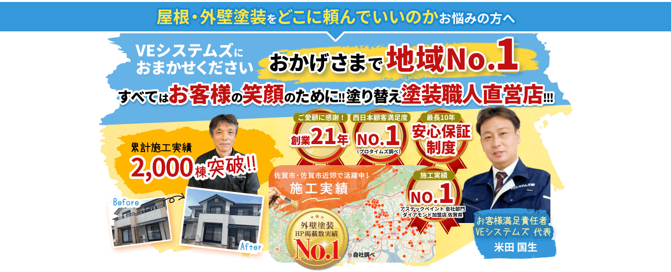 屋根・外壁塗装をどこに頼んでいいのかお悩みの方へ VEシステムズにおまかせください おかげさまで地域No.1 すべてはお客様の笑顔のために!! 塗り替え塗装職人直営店!!! 累計施工実績 2,000棟突破!!ご愛顧に感謝！ 創業21年 西日本顧客満足度NO.1 最長10年安心保証制度 施工実績NO.1 アステックペイント 会社部門 ダイアモンド加盟店 佐賀県 佐賀市・佐賀市近郊で活躍中！施工実績 外壁塗装HP掲載数実績No.1 ※自社調べ お客様満足責任者VEシステムズ 代表 米田 国生