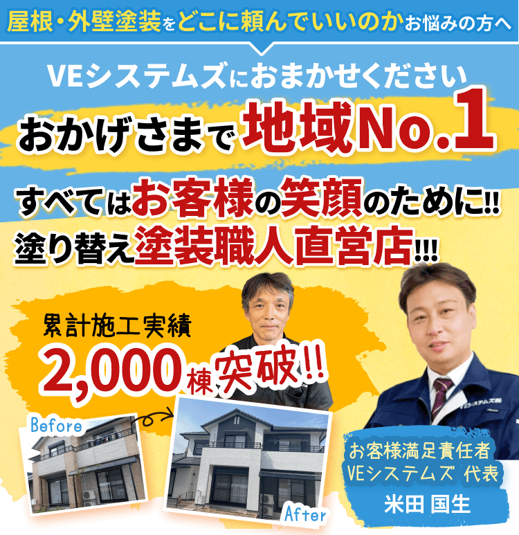 屋根・外壁塗装をどこに頼んでいいのかお悩みの方へ VEシステムズにおまかせください おかげさまで地域No.1 すべてはお客様の笑顔のために!! 塗り替え塗装職人直営店!!! 累計施工実績 2,000棟突破!! お客様満足責任者VEシステムズ 代表 米田 国生